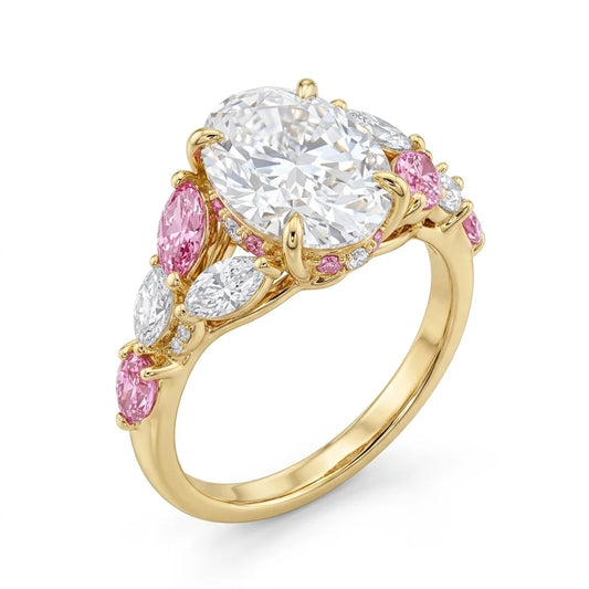 Side view of oval center stone ring with pink marquise and white pear side cluster accents in yellow gold with lab-grown diamonds – Australia