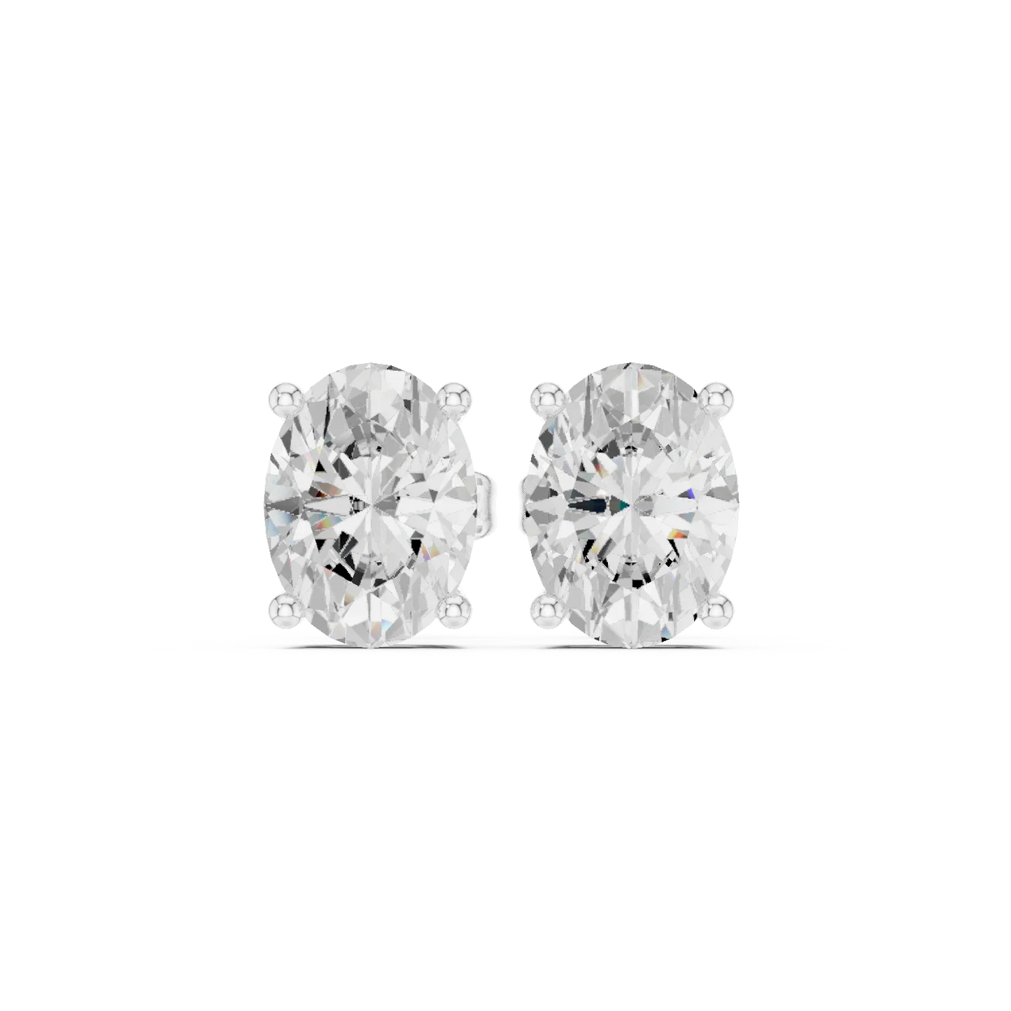 Oval cut Pair of diamond stud earrings on a white background with front view