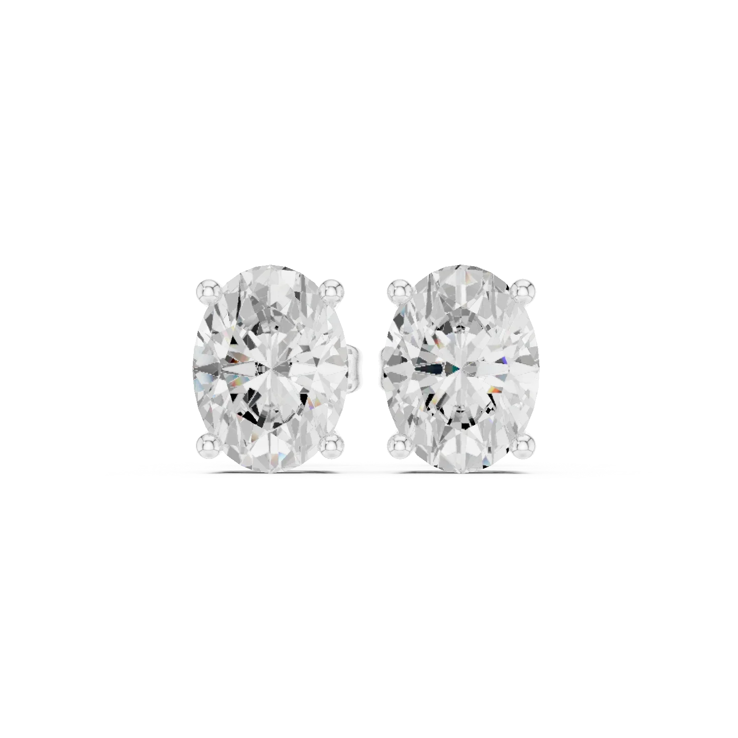 Oval cut Pair of diamond stud earrings on a white background with front view