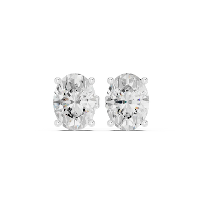 Oval cut Pair of diamond stud earrings on a white background with front view