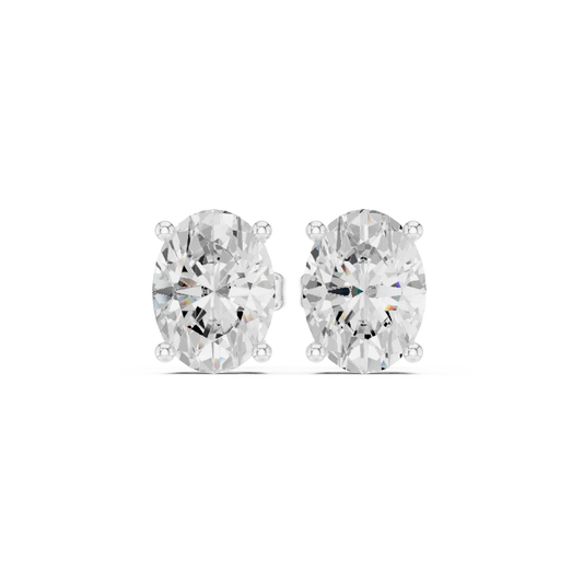 Oval cut Pair of diamond stud earrings on a white background with front view