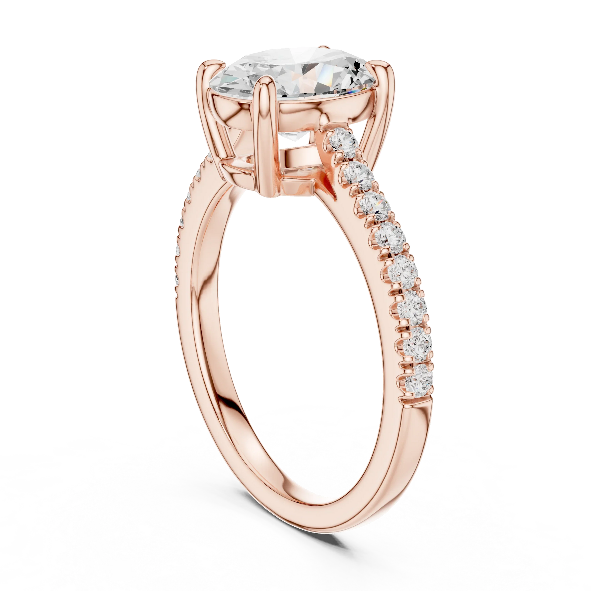 Back side view of rose gold oval diamond pavé band ring showing band and setting details