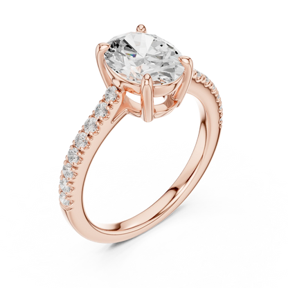 Front view of rose gold oval diamond pavé band ring