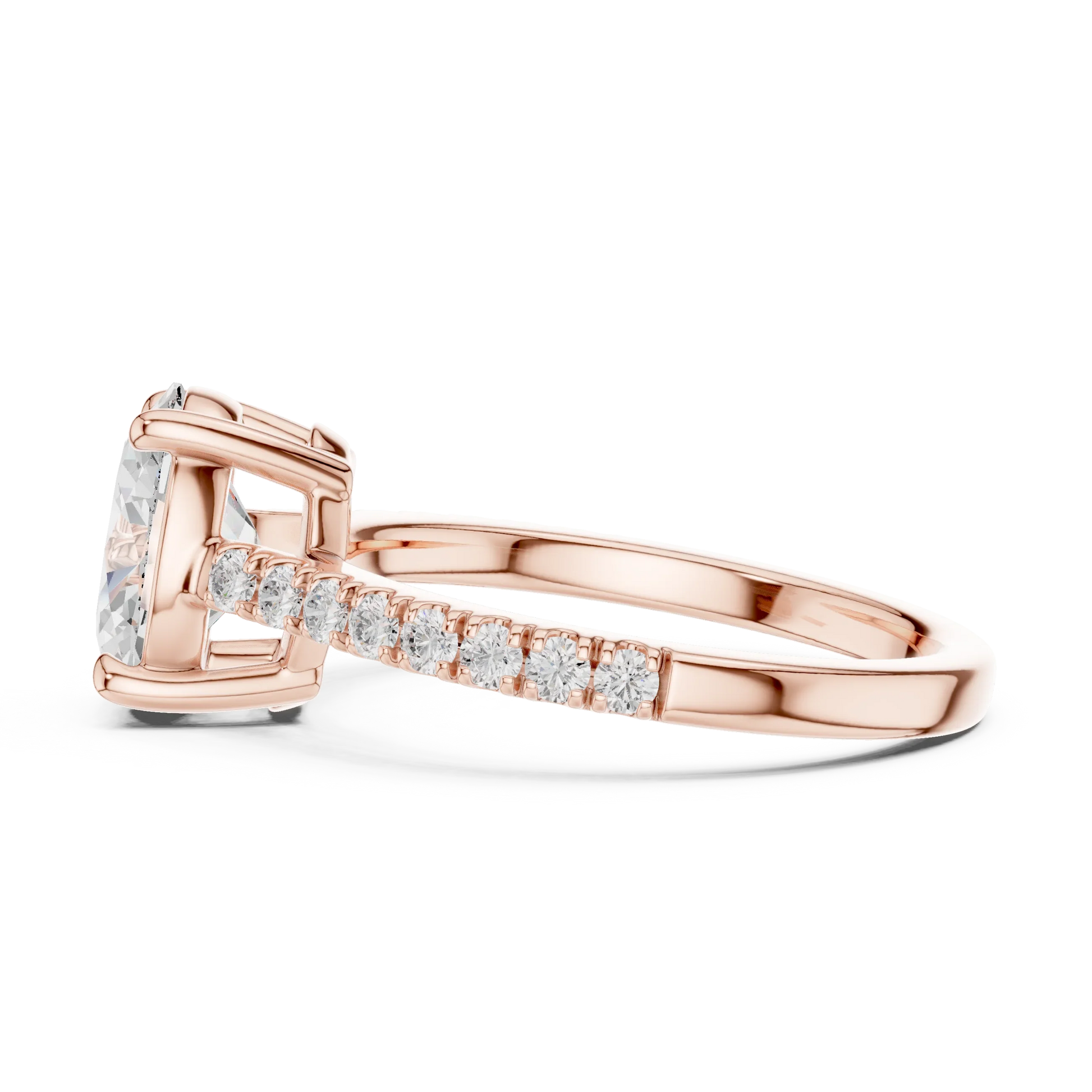 Side profile of rose gold oval diamond pavé band ring with detailed band setting