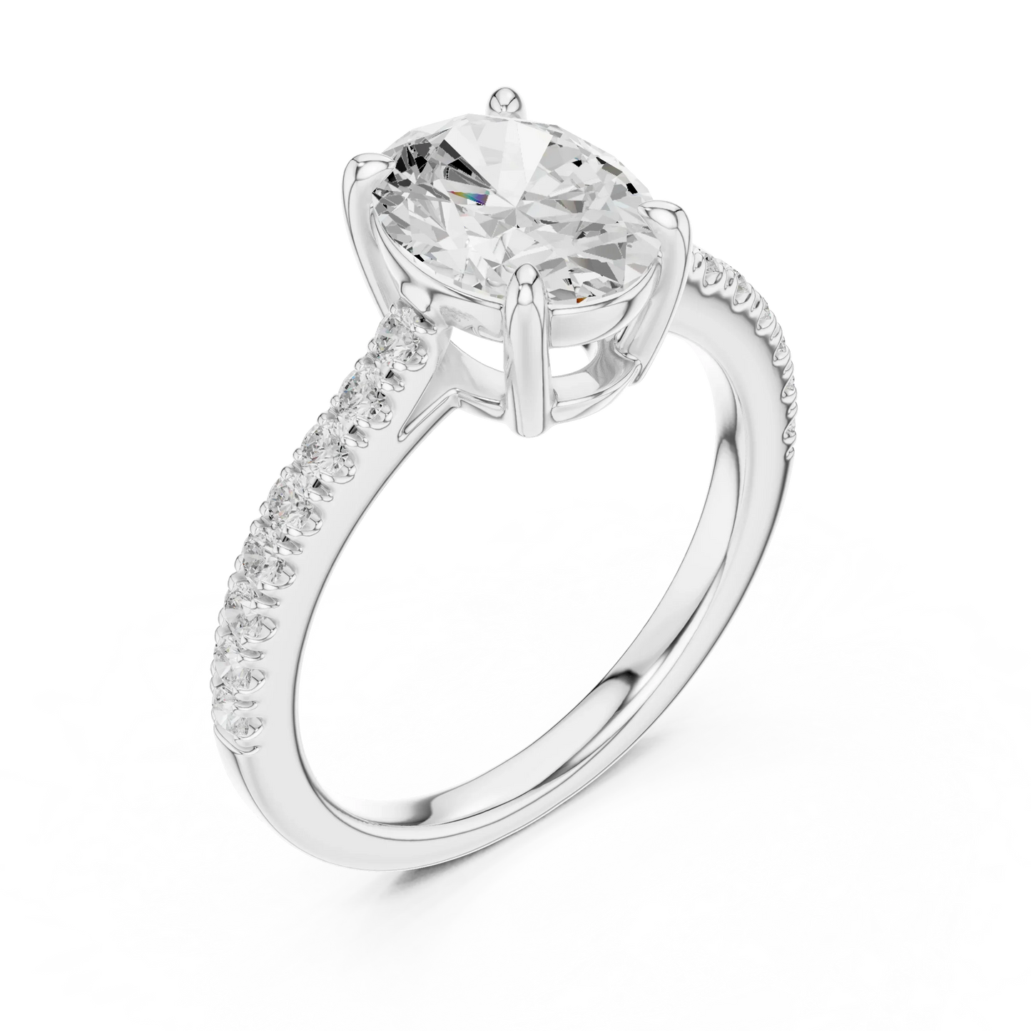 Front view of white gold oval diamond pavé band ring