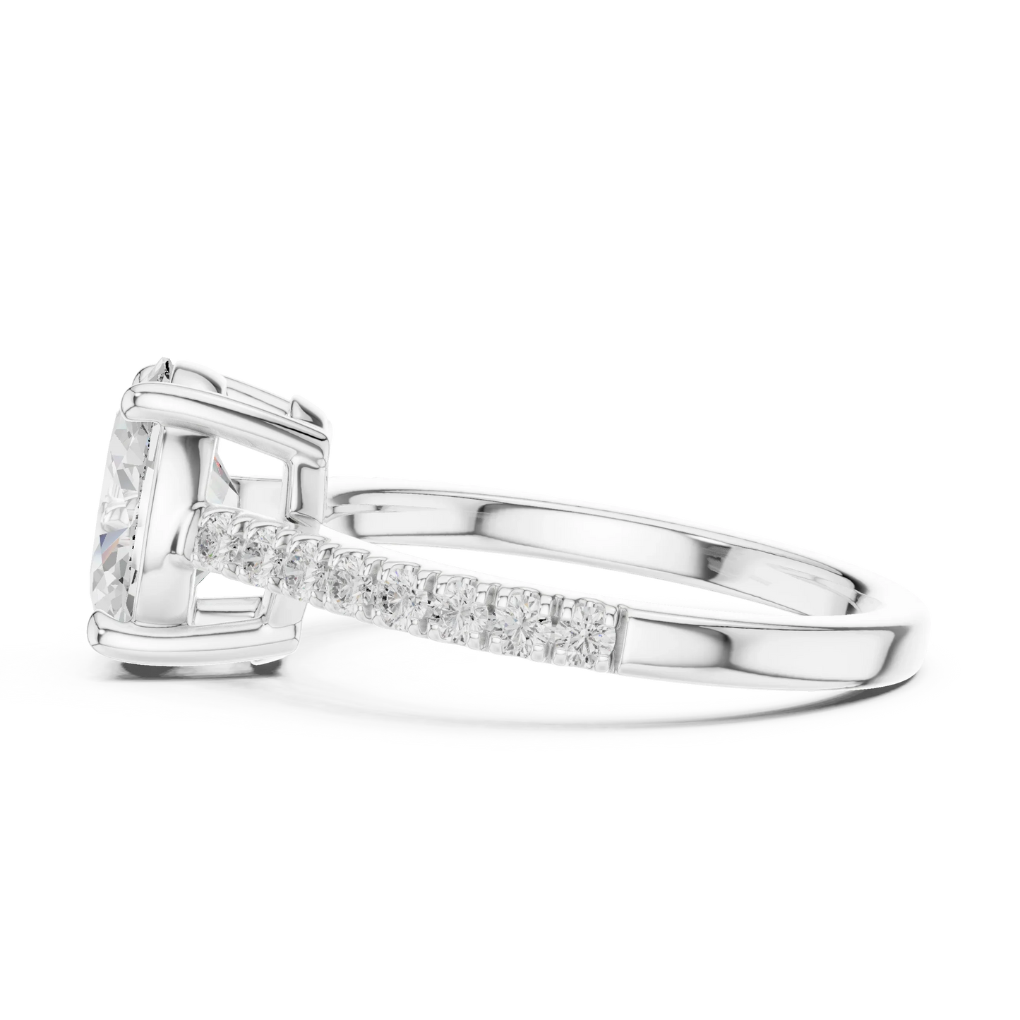 Side view of white gold oval diamond pavé band ring with detailed band setting