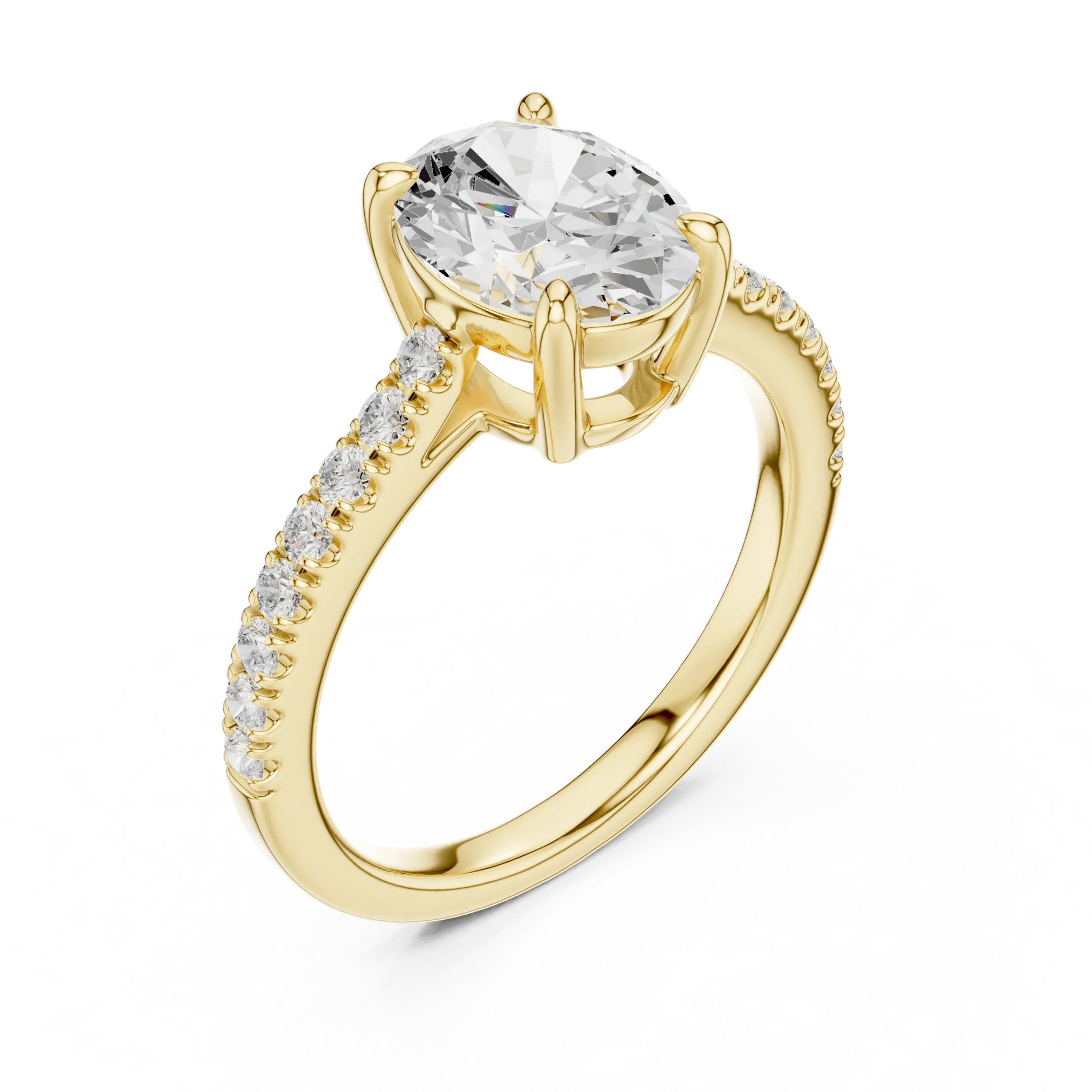 Front view of yellow gold oval diamond pavé band ring