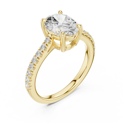 Front view of yellow gold oval diamond pavé band ring