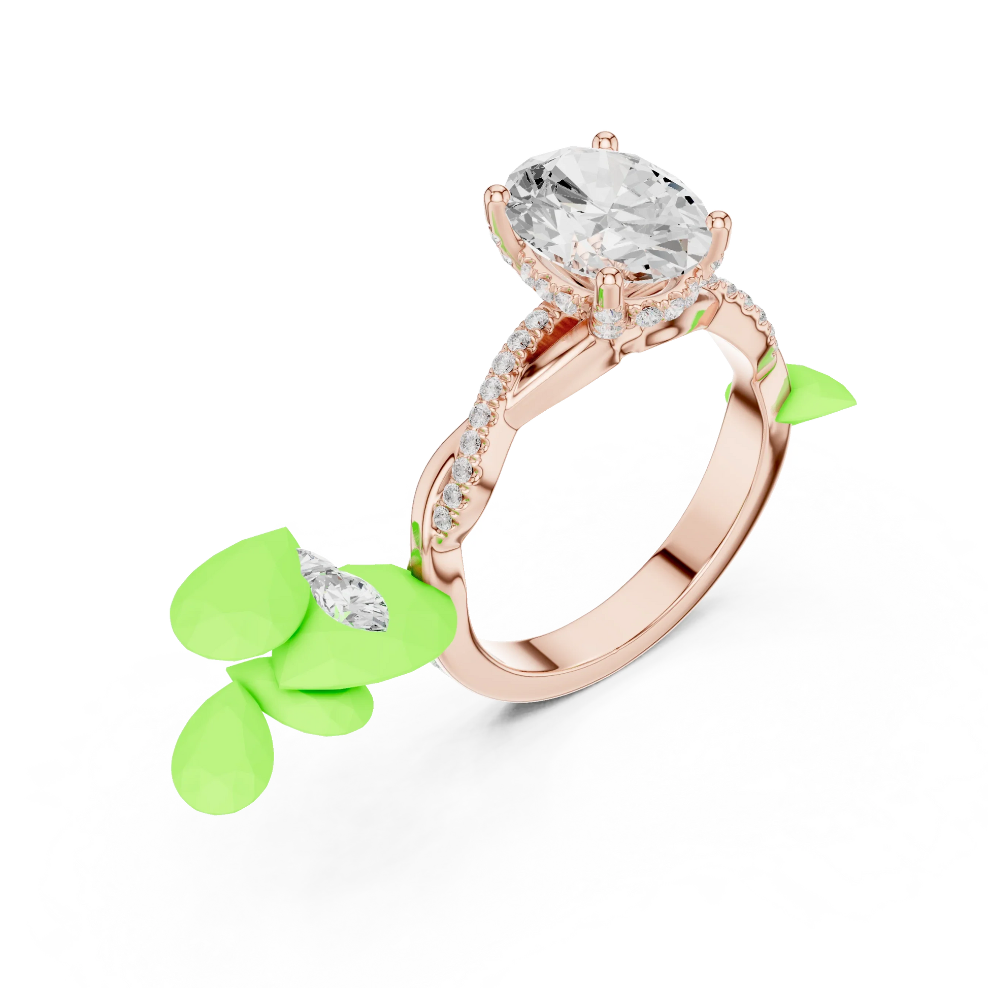 Front view of rose gold oval diamond ring with twisted vine pave band and lab-grown diamond – Australia