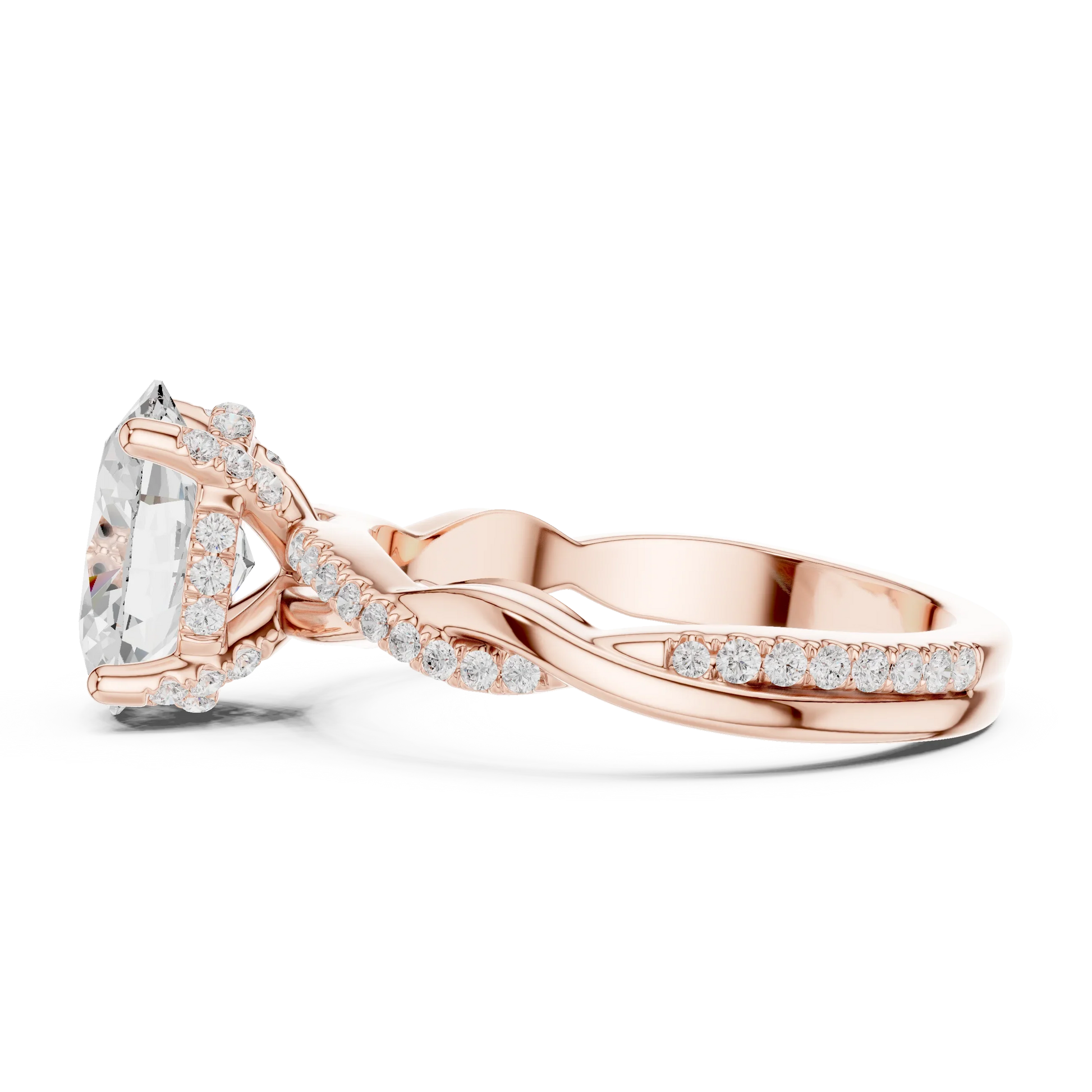 Side view of rose gold oval diamond ring with twisted vine pave band and lab-grown diamond – Australia