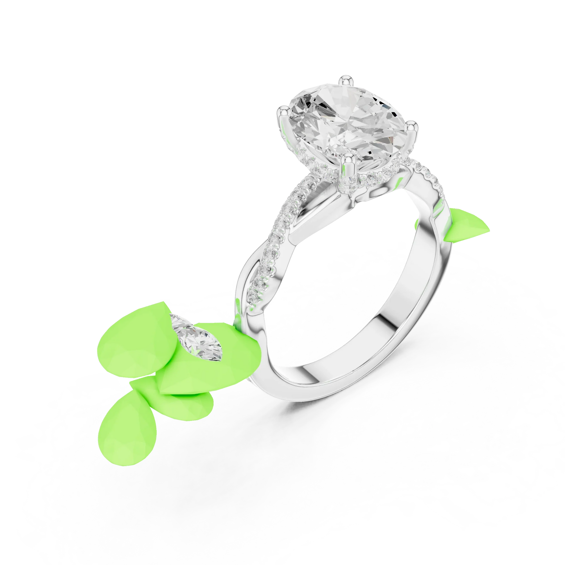 Front view of white gold oval diamond ring with twisted vine pave band and lab-grown diamond – Australia