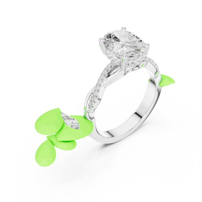 Front view of white gold oval diamond ring with twisted vine pave band and lab-grown diamond – Australia
