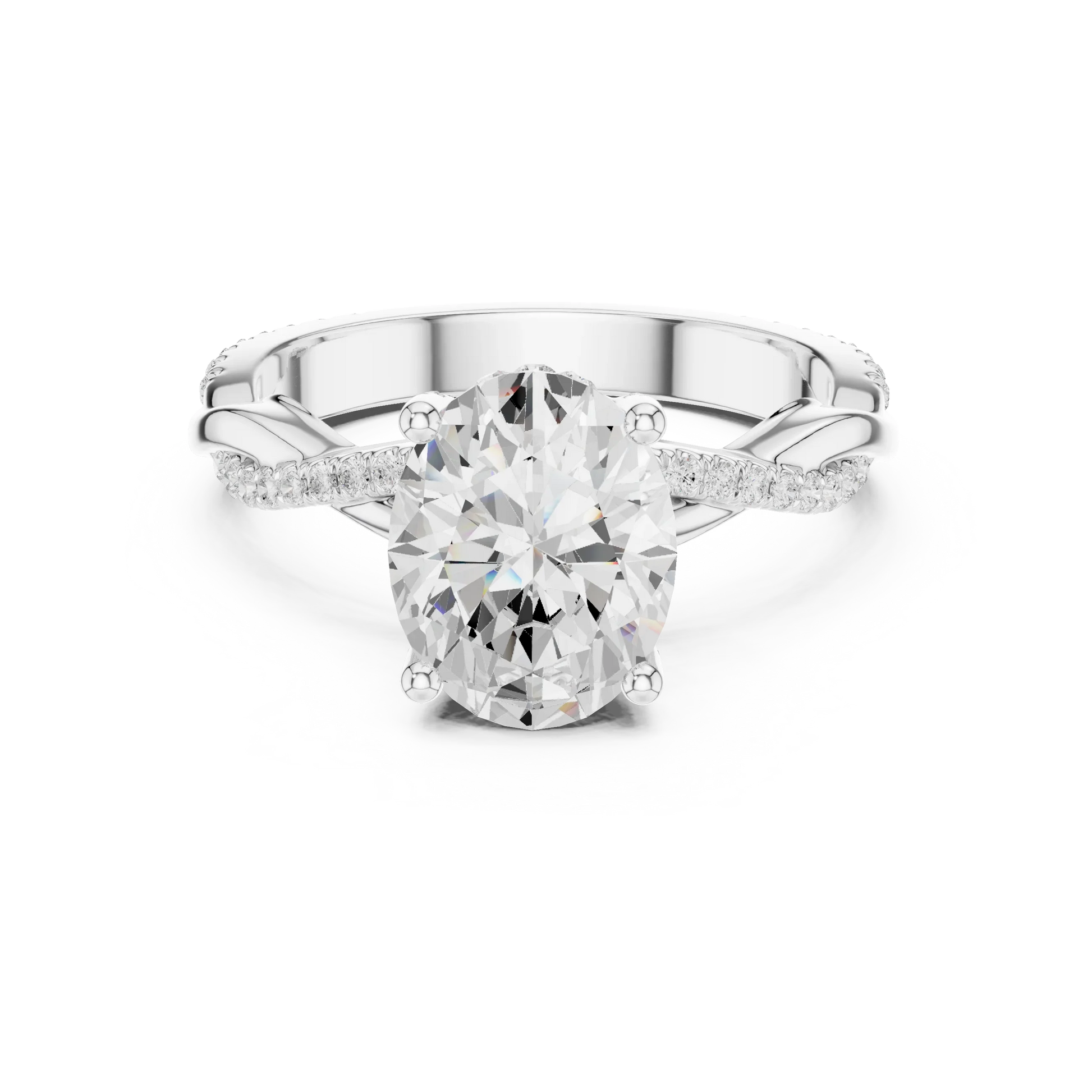 Side view of white gold oval diamond ring with twisted vine pave band and lab-grown diamond – Australia