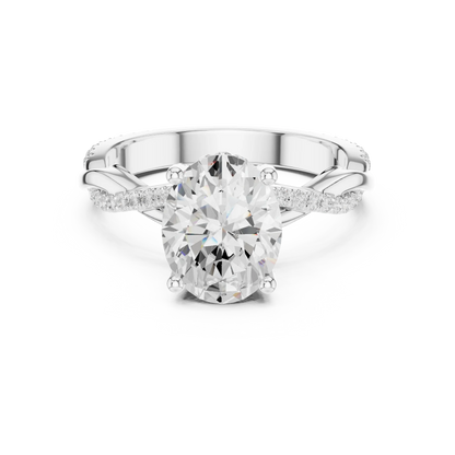 Side view of white gold oval diamond ring with twisted vine pave band and lab-grown diamond – Australia