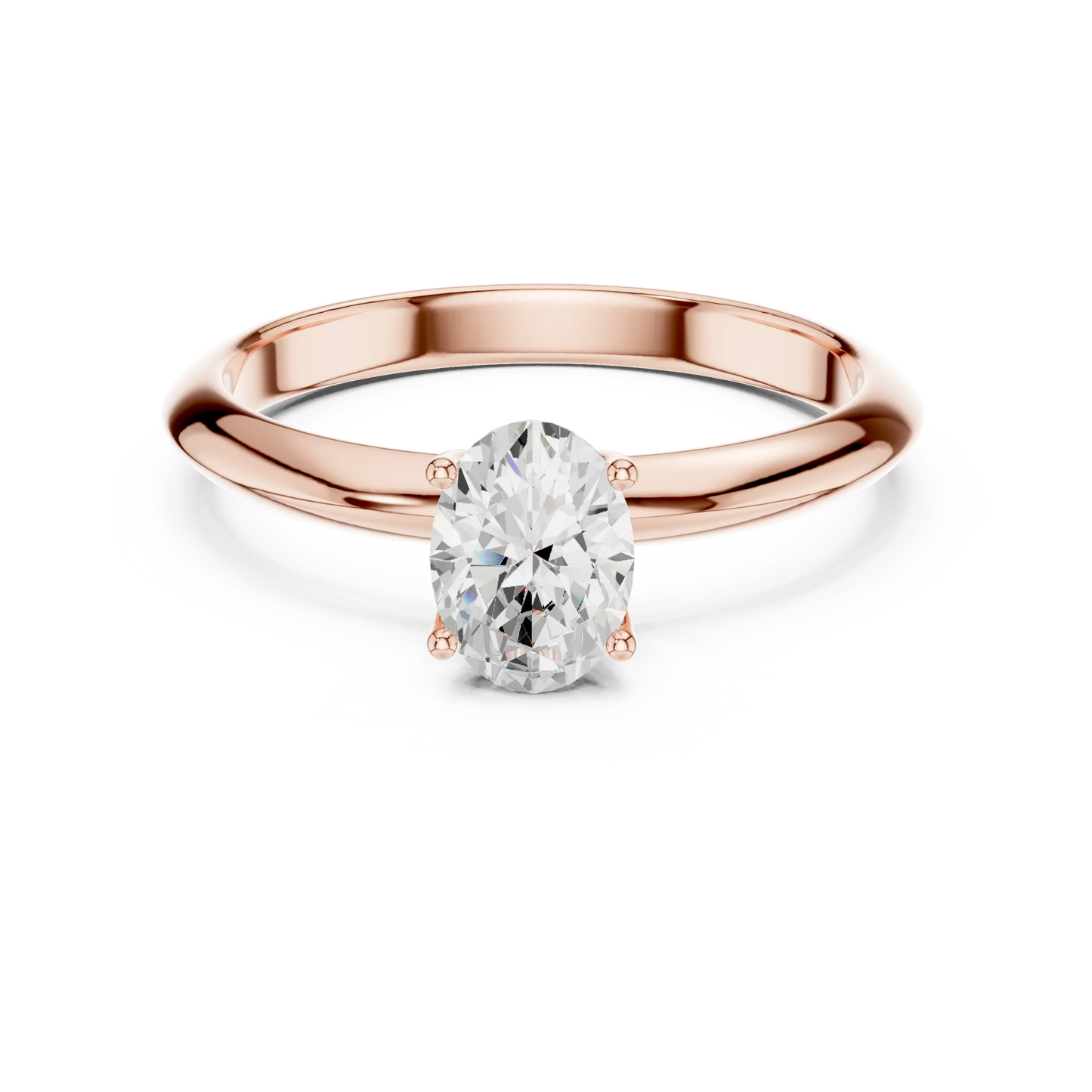 Lab-grown oval cut diamond solitaire ring in rose gold, soft tone top view