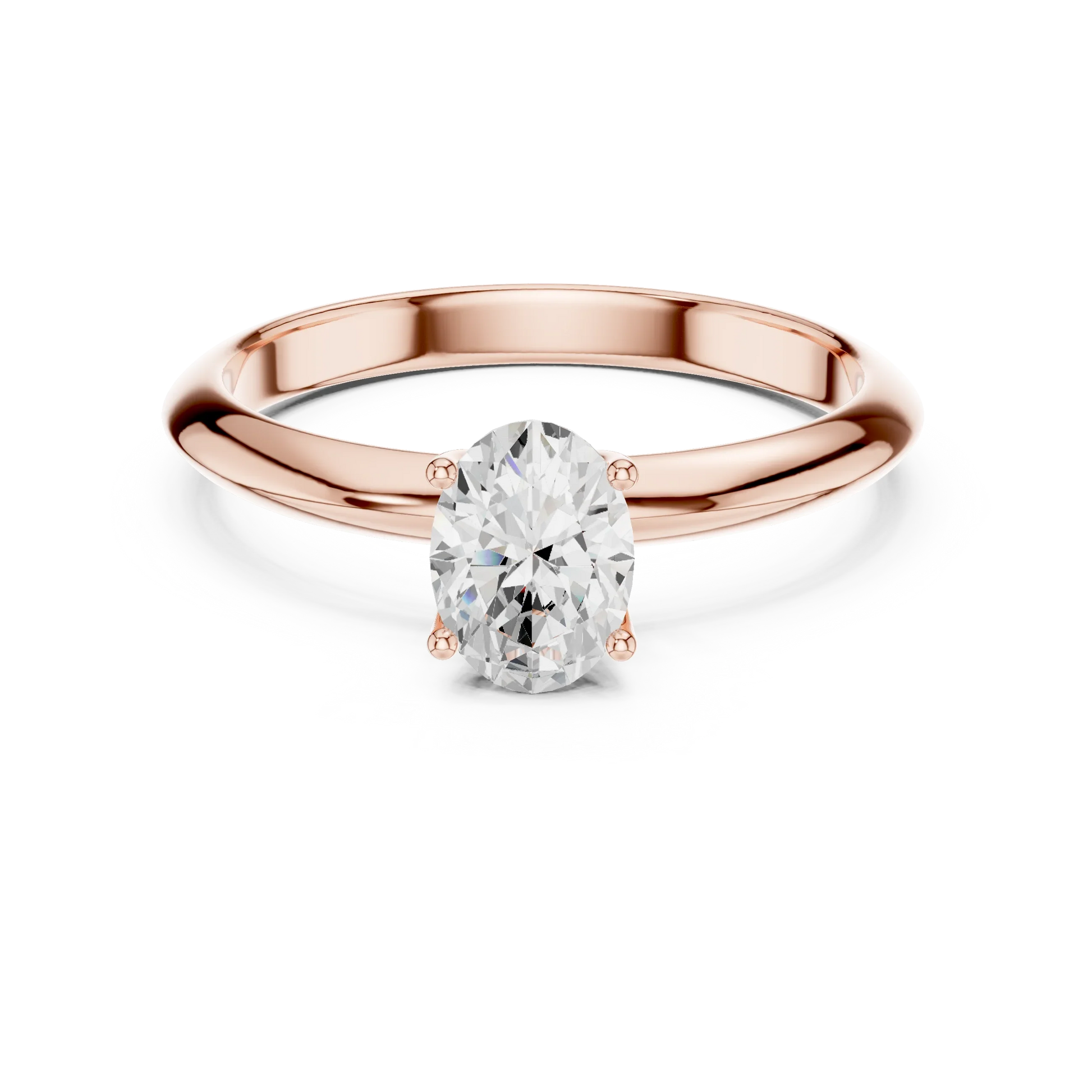 Lab-grown oval cut diamond solitaire ring in rose gold, soft tone top view