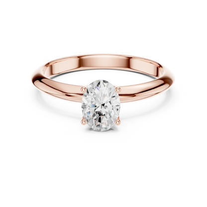 Lab-grown oval cut diamond solitaire ring in rose gold, soft tone top view