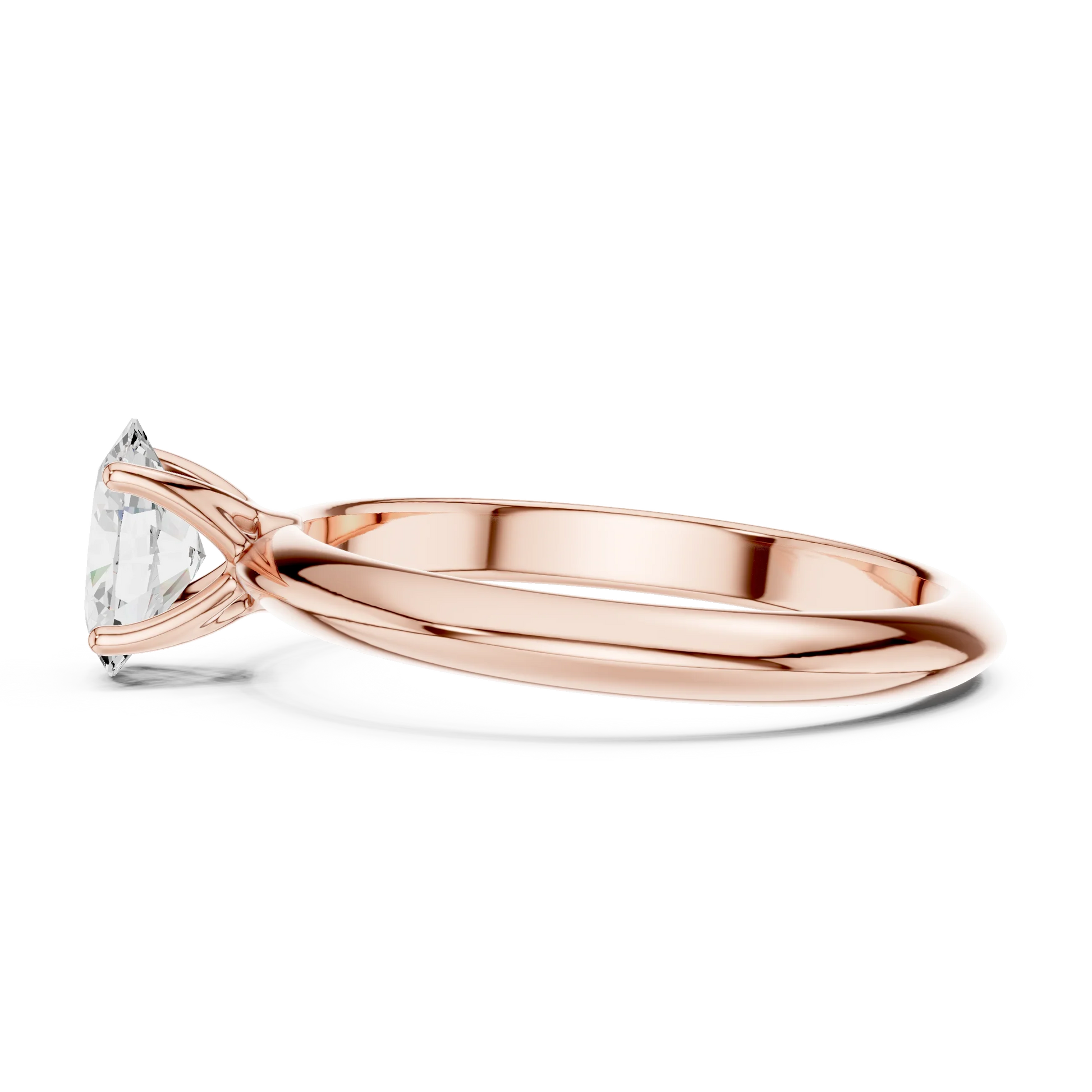 Side view of rose gold oval cut diamond solitaire ring, highlighting design profile.