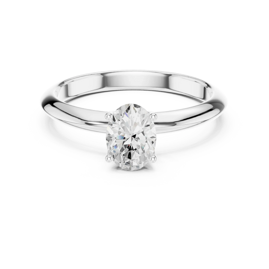 Lab-grown oval cut diamond solitaire ring in white gold, elegant top view.