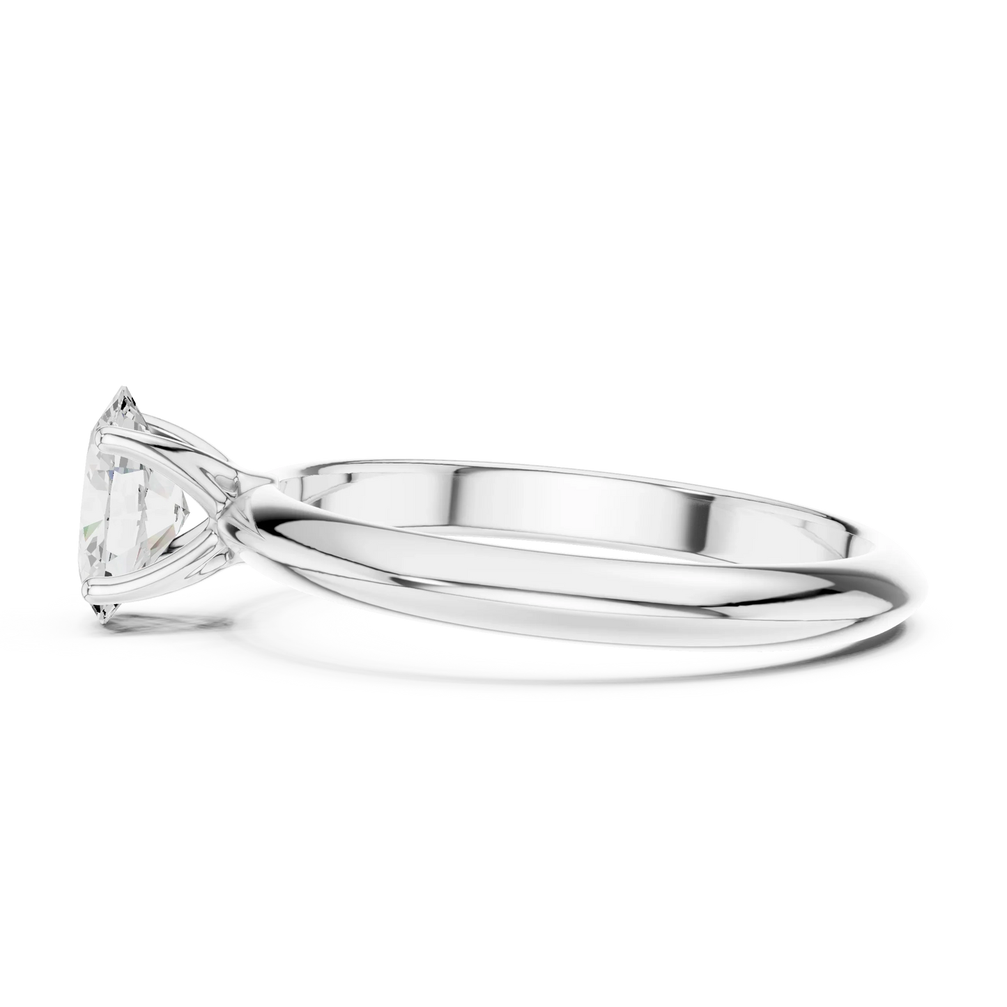 Side view of white gold oval cut diamond solitaire ring, highlighting prong setting.