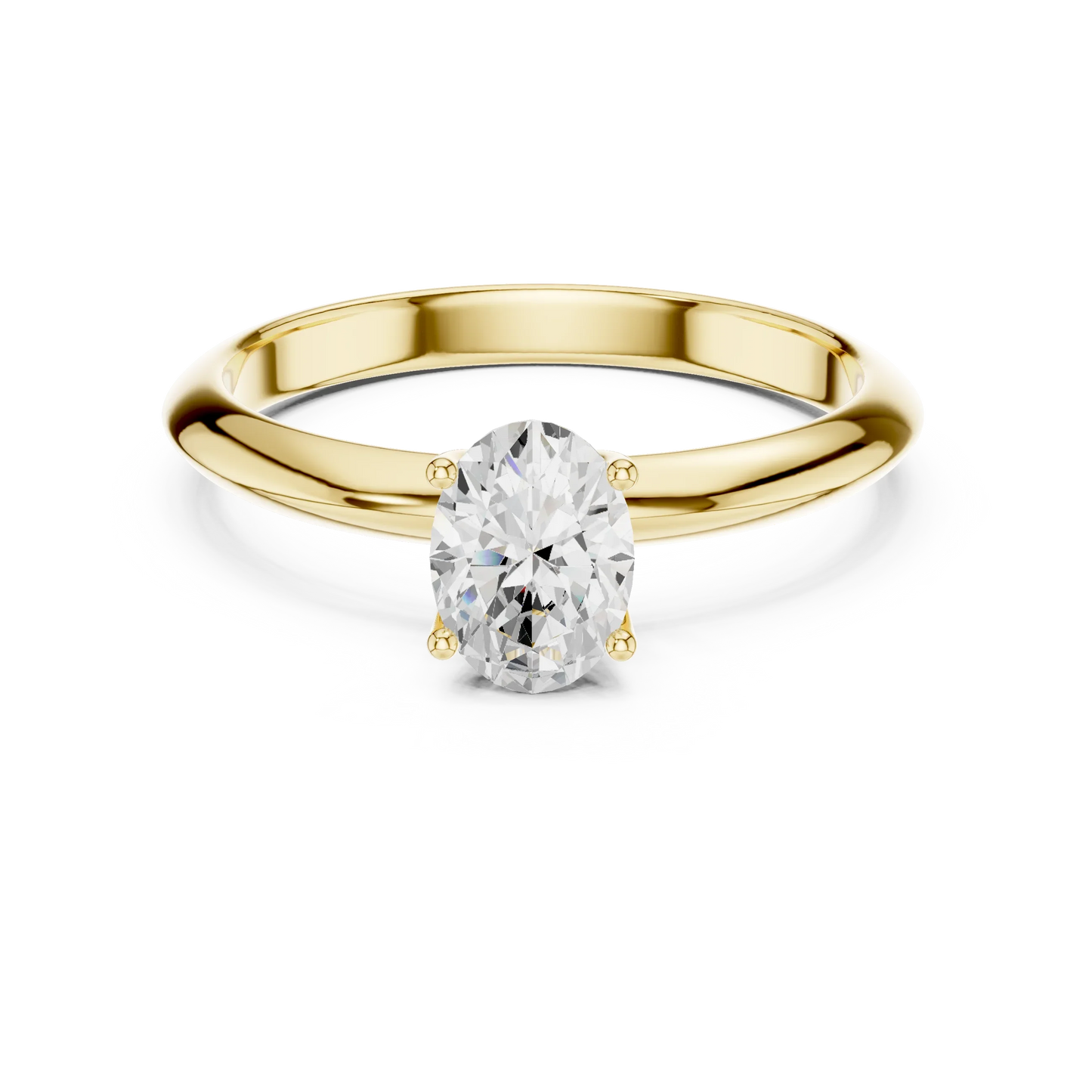 Lab-grown oval cut diamond solitaire ring in yellow gold, classic top view