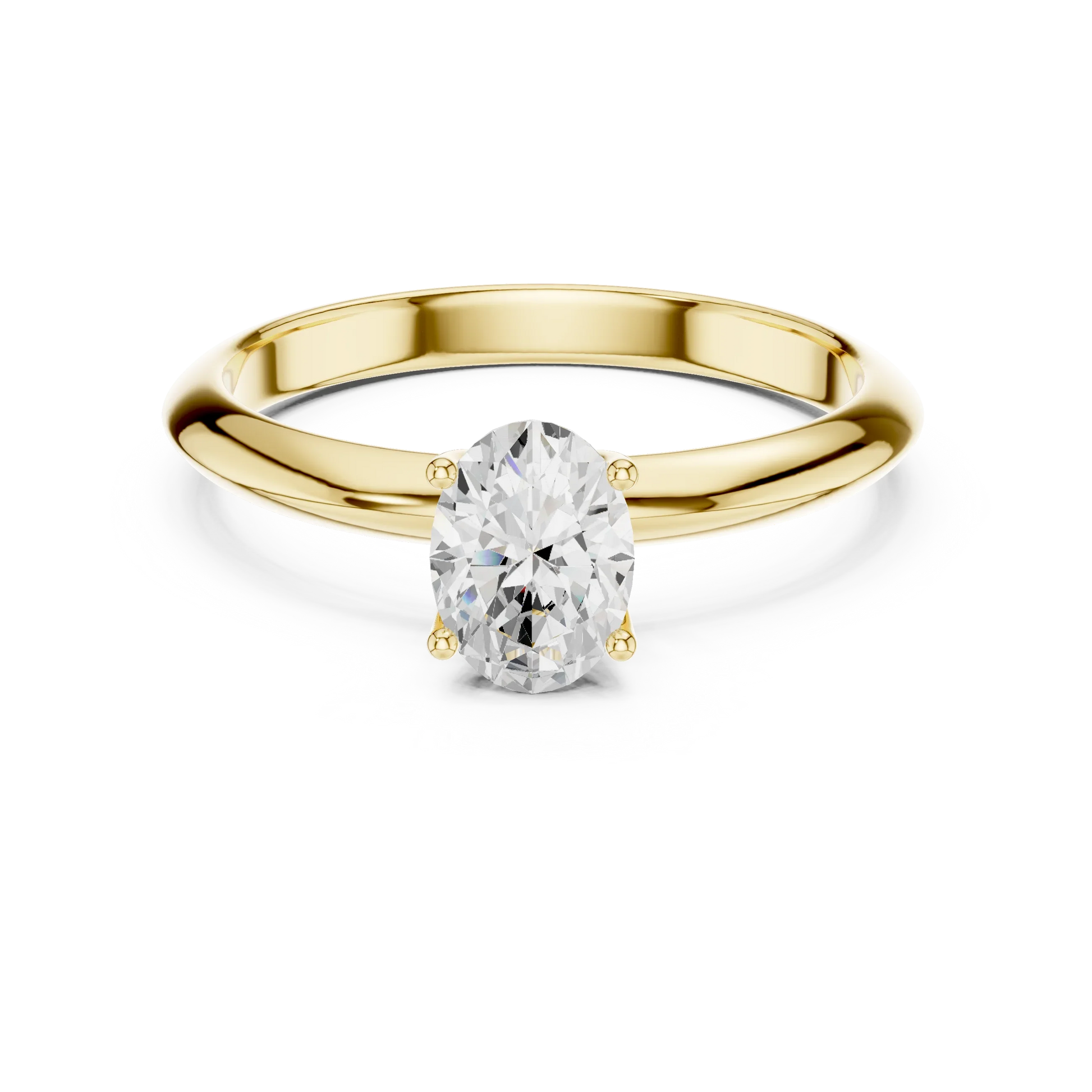 Lab-grown oval cut diamond solitaire ring in yellow gold, classic top view