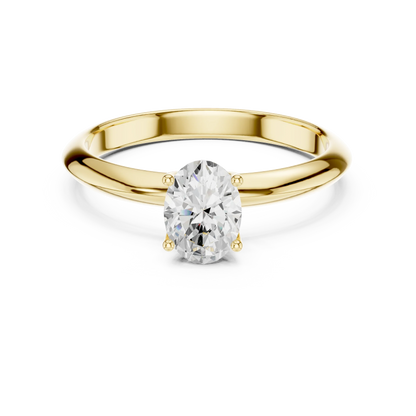 Lab-grown oval cut diamond solitaire ring in yellow gold, classic top view