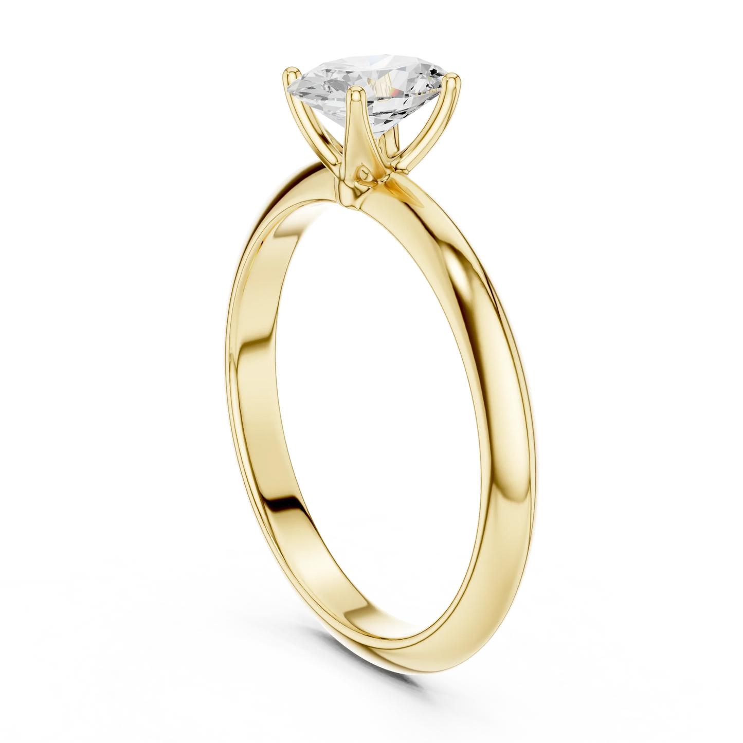 Back side view of yellow gold oval diamond solitaire ring, showing band structure.