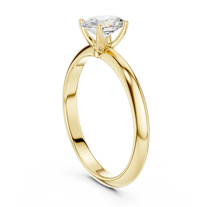 Back side view of yellow gold oval diamond solitaire ring, showing band structure.