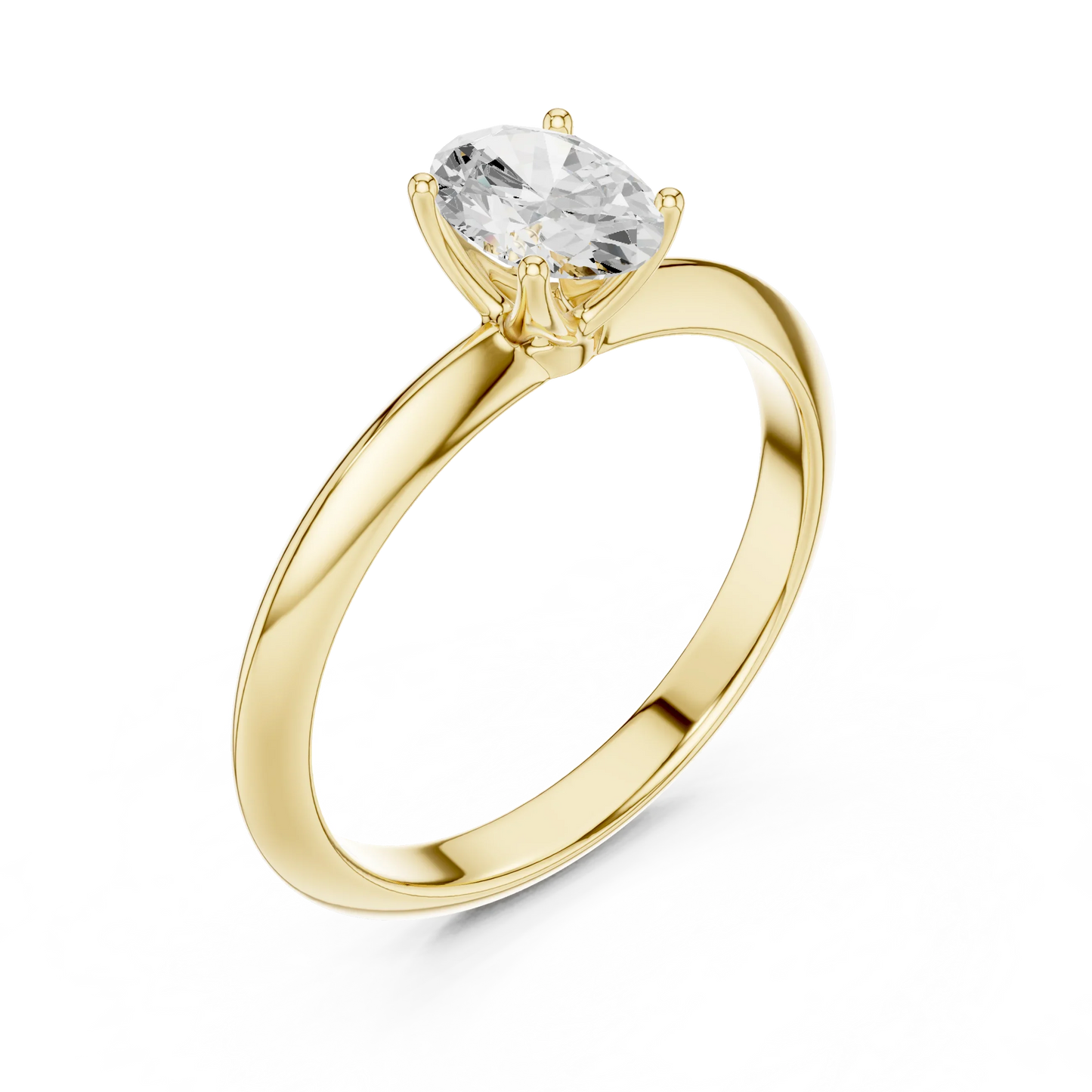 Front view of yellow gold oval diamond solitaire ring, emphasizing brilliance.