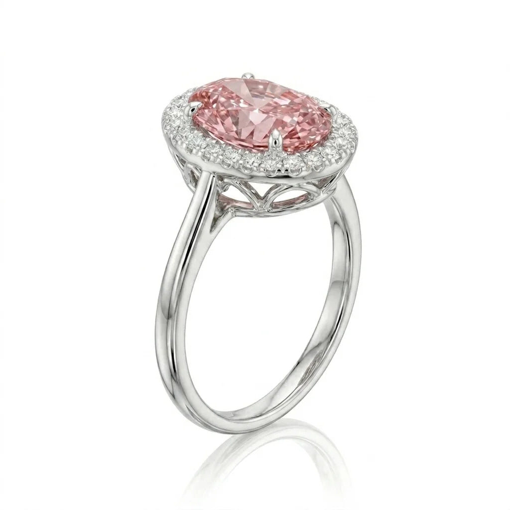 Side view of white gold oval halo engagement ring with lab-grown diamond – Australia