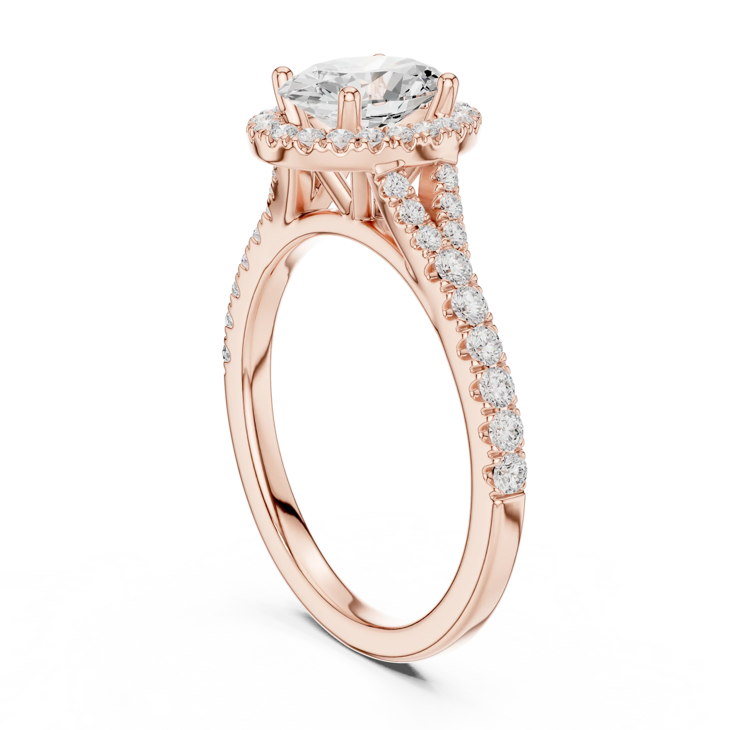 Back side view of rose gold oval halo ring showing pav茅 split shank band and setting details