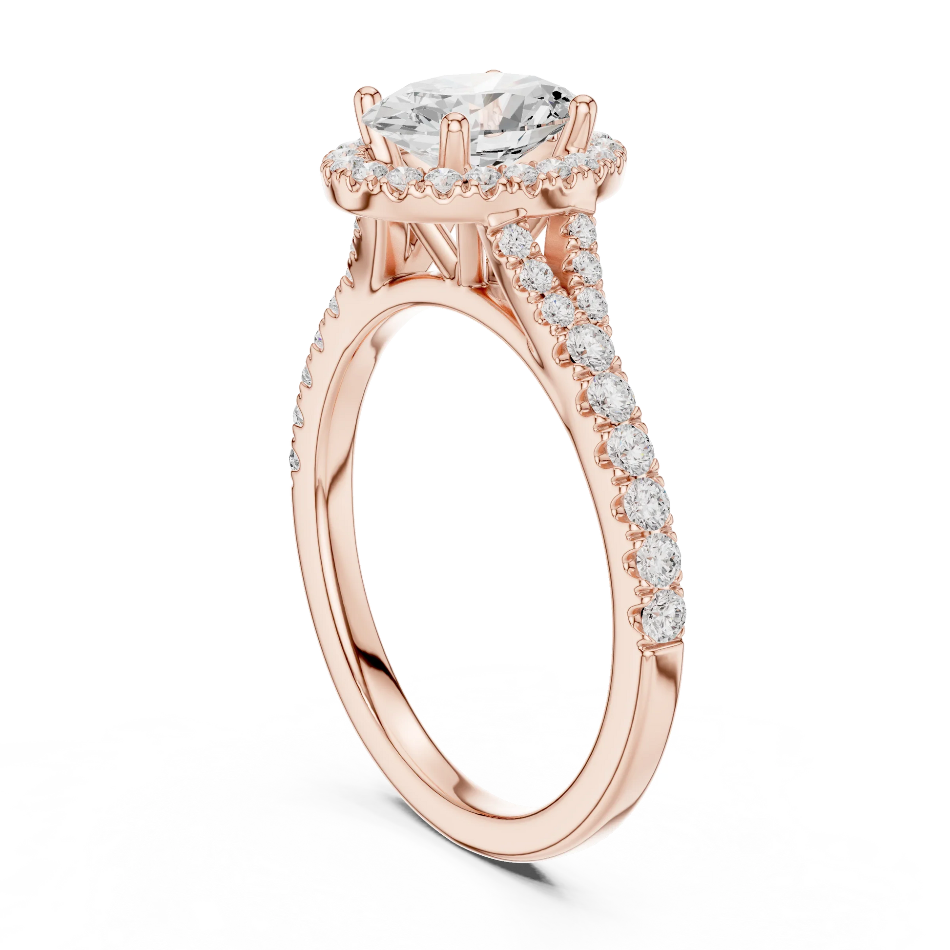 Back side view of rose gold oval halo ring showing pav茅 split shank band and setting details