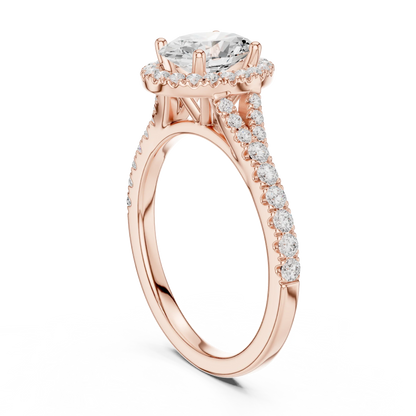 Back side view of rose gold oval halo ring showing pav茅 split shank band and setting details