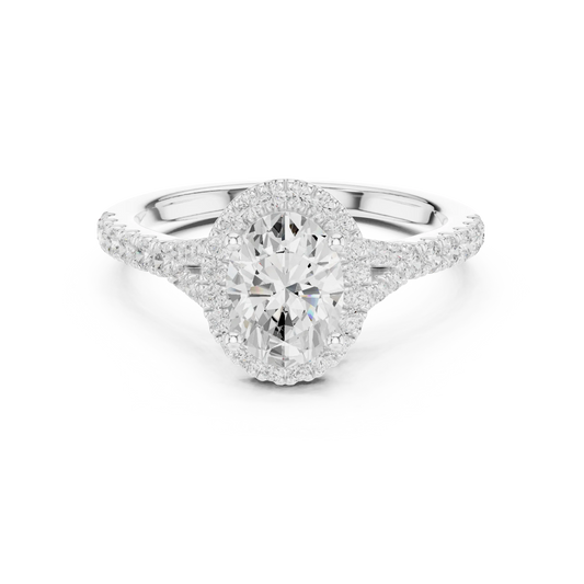 Lab-grown oval halo diamond ring in white gold with pav茅 split shank band