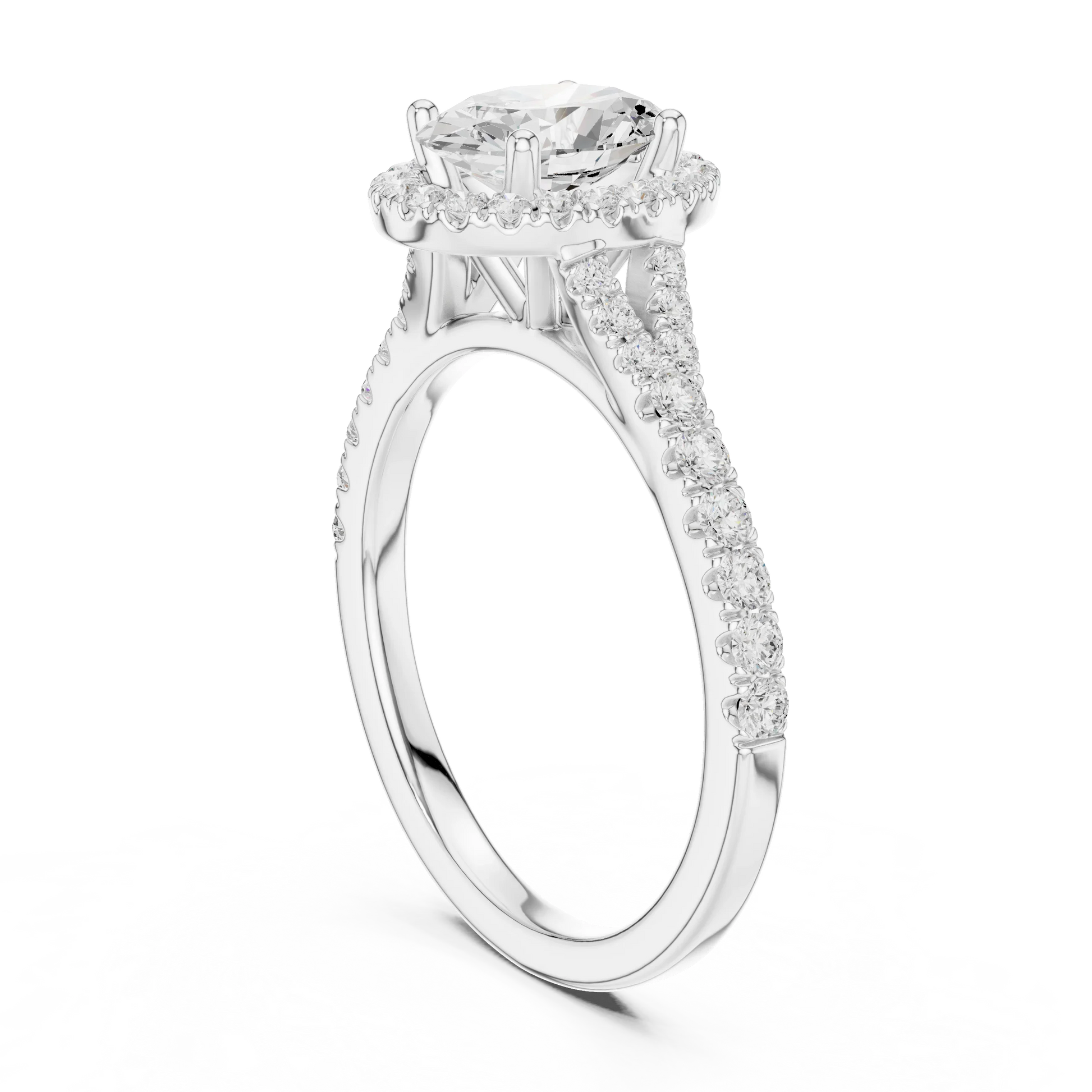 Back side view of white gold oval halo ring showing pav茅 split shank band and setting details