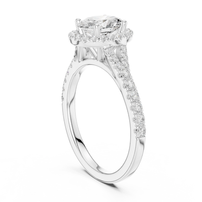 Back side view of white gold oval halo ring showing pav茅 split shank band and setting details