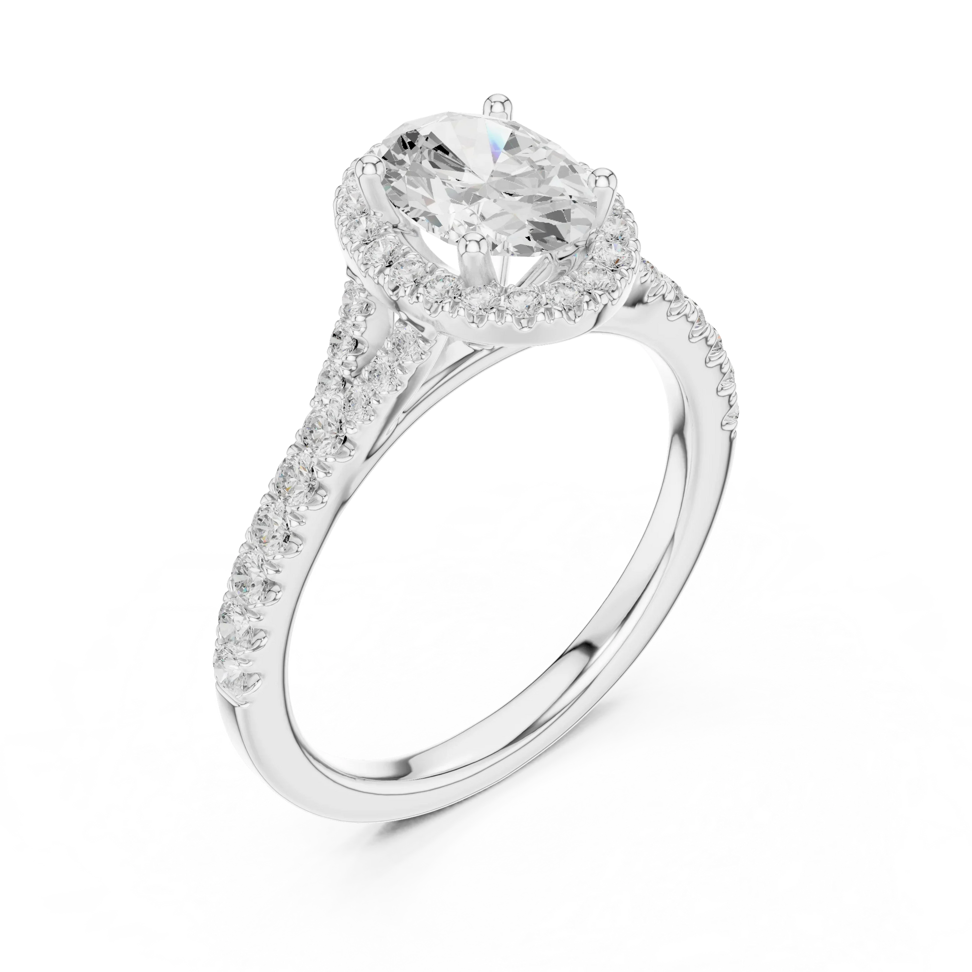 Front view of white gold oval halo ring with pav茅 split shank band and center diamond