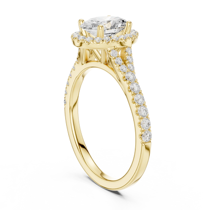 Back side view of yellow gold oval halo ring showing pav茅 split shank band and setting structure