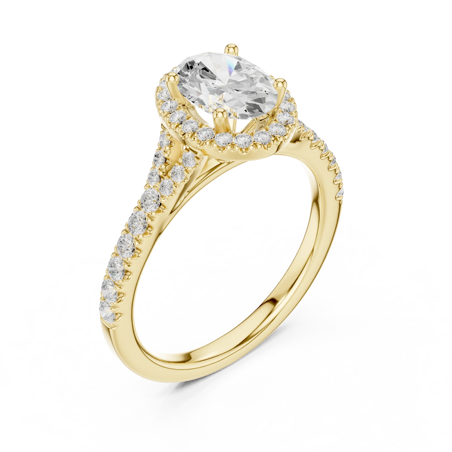 Front view of yellow gold oval halo ring with pav茅 split shank band and center diamond