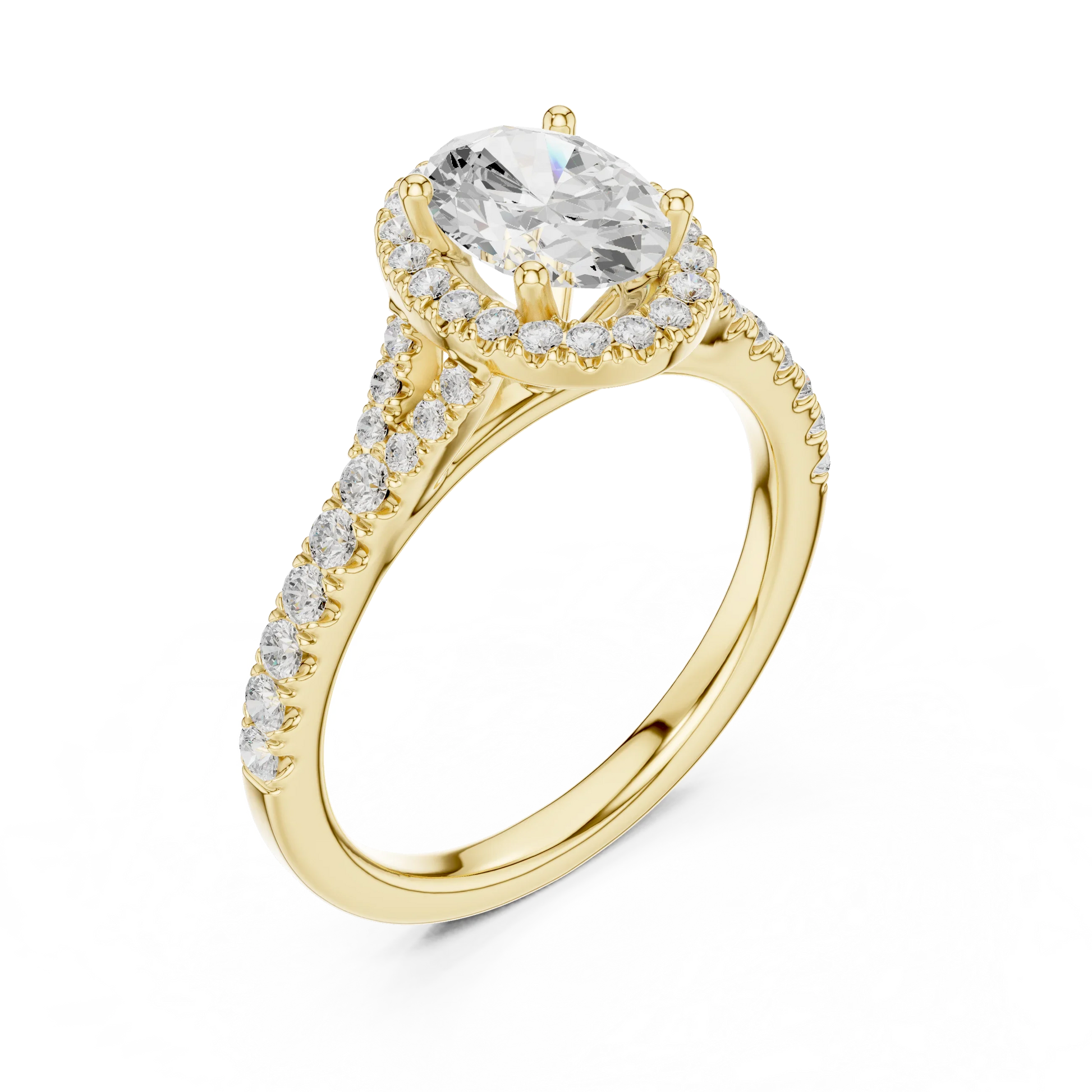 Front view of yellow gold oval halo ring with pav茅 split shank band and center diamond