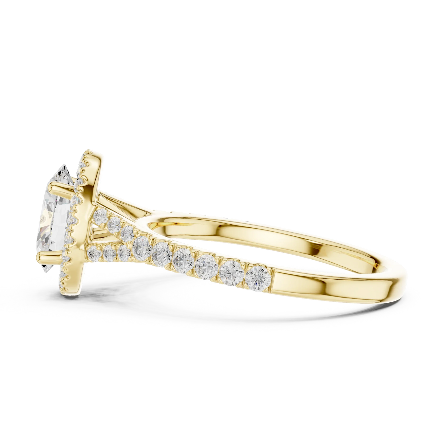 Side view of yellow gold oval halo ring with pav茅 split shank band and halo setting