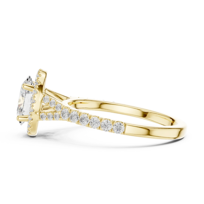 Side view of yellow gold oval halo ring with pav茅 split shank band and halo setting