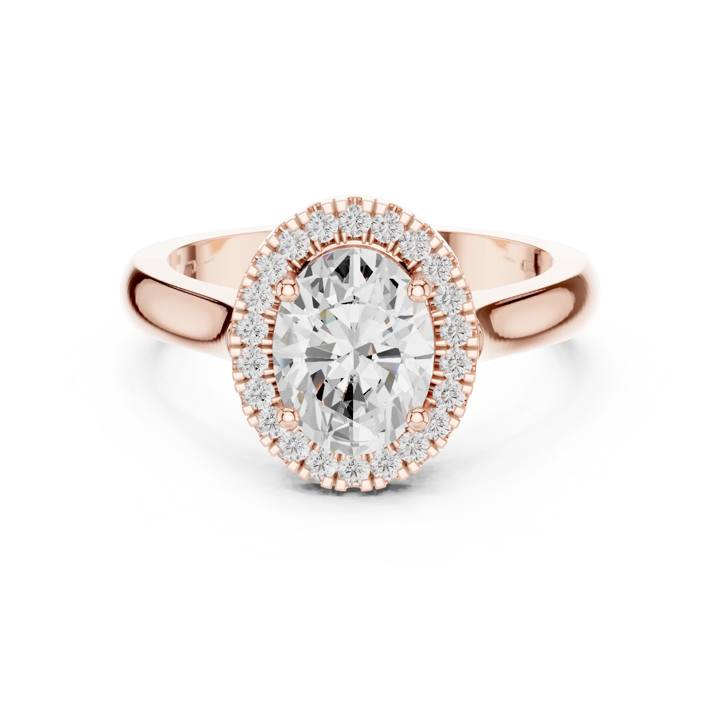 Oval cut halo ring with lab-grown diamond in rose gold with modern romantic finish
