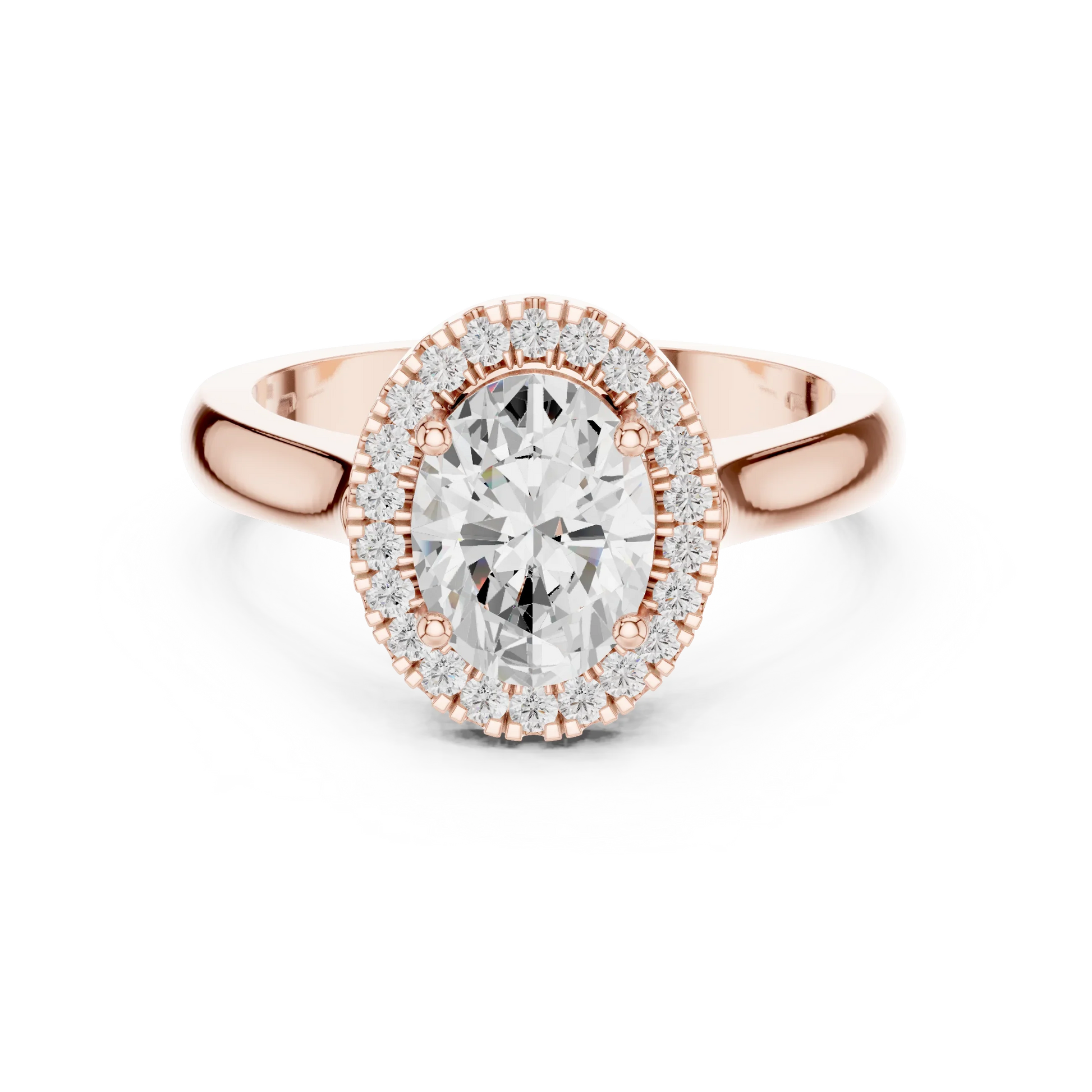 Oval cut halo ring with lab-grown diamond in rose gold with modern romantic finish