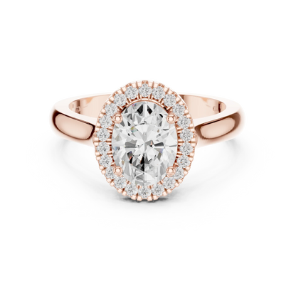 Oval cut halo ring with lab-grown diamond in rose gold with modern romantic finish