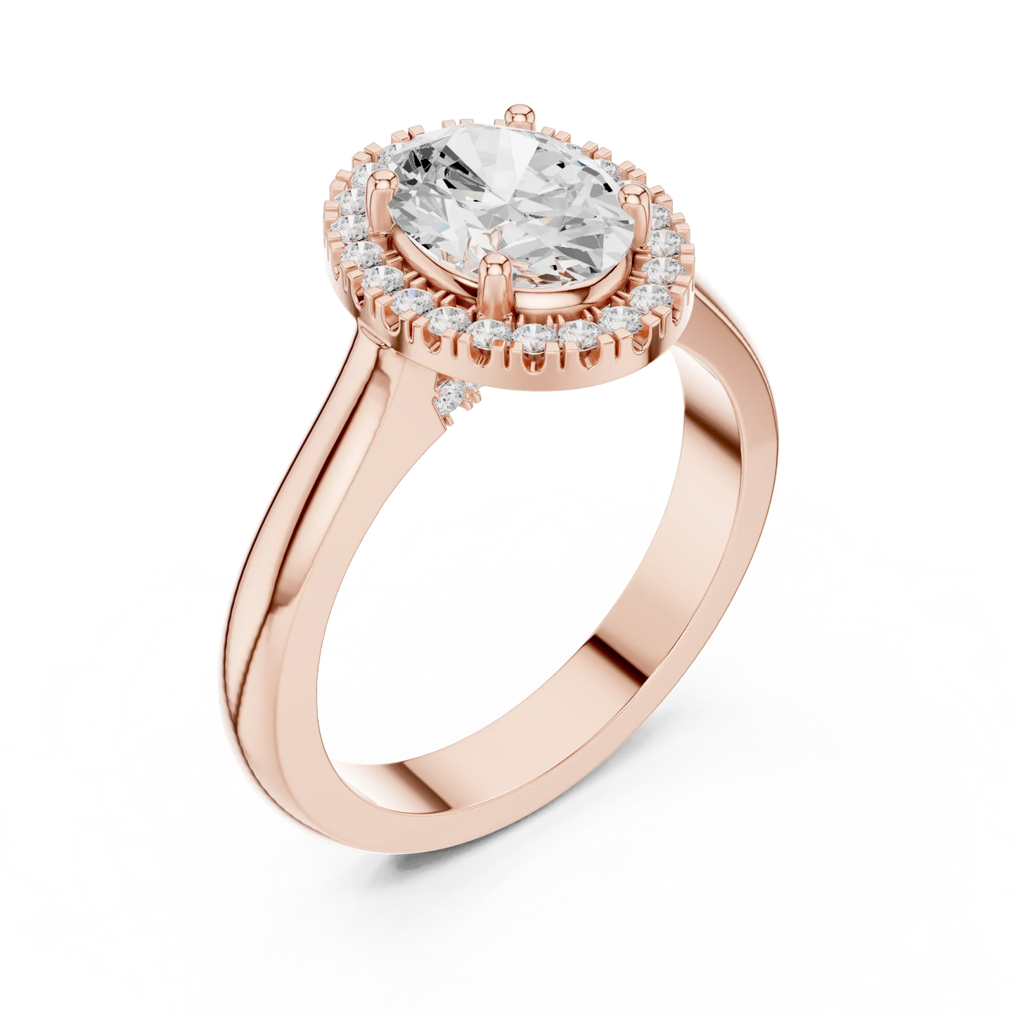 Front view of rose gold oval halo ring featuring lab-grown diamond with halo setting