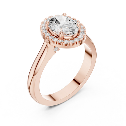 Front view of rose gold oval halo ring featuring lab-grown diamond with halo setting