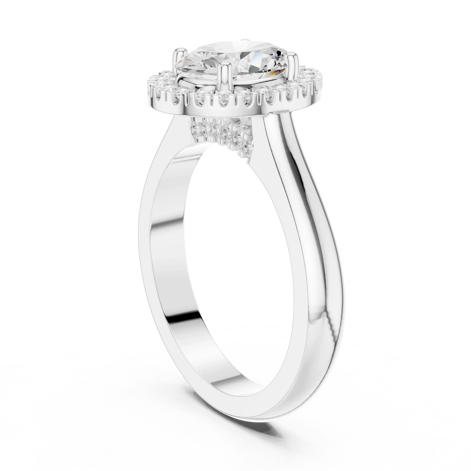 Back view of white gold oval halo ring with lab-grown diamond and polished band