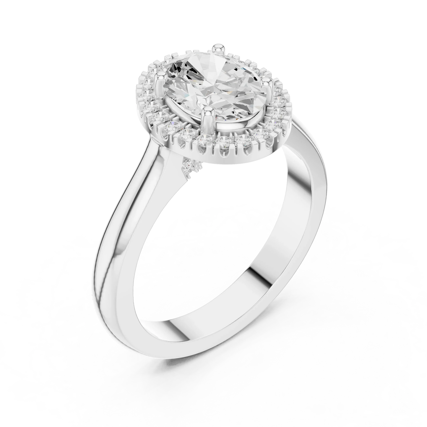 Front view of white gold oval halo ring featuring lab-grown diamond with halo setting